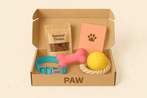 Box pour chien PAW ouverte contenant un collier turquoise, des friandises naturelles, un jouet en forme d’os rose, une balle de tennis, une corde à mâcher et un carnet orange avec empreinte de patte