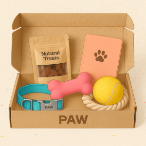 Box pour chien PAW ouverte contenant un collier turquoise, des friandises naturelles, un jouet en forme d’os rose, une balle de tennis, une corde à mâcher et un carnet orange avec empreinte de patte