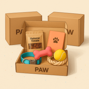 Box pour chien PAW ouverte contenant un collier turquoise, des friandises naturelles, un jouet en forme d’os rose, une balle de tennis, une corde à mâcher et un carnet orange avec empreinte de patte