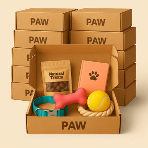 Box pour chien PAW ouverte contenant un collier turquoise, des friandises naturelles, un jouet en forme d’os rose, une balle de tennis, une corde à mâcher et un carnet orange avec empreinte de patte