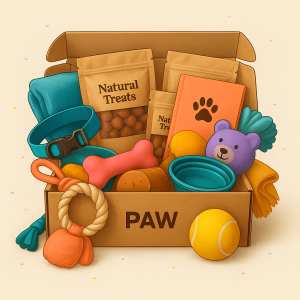 Box pour chien PAW ouverte contenant un collier turquoise, des friandises naturelles, un jouet en forme d’os rose, une balle de tennis, une corde à mâcher et un carnet orange avec empreinte de patte